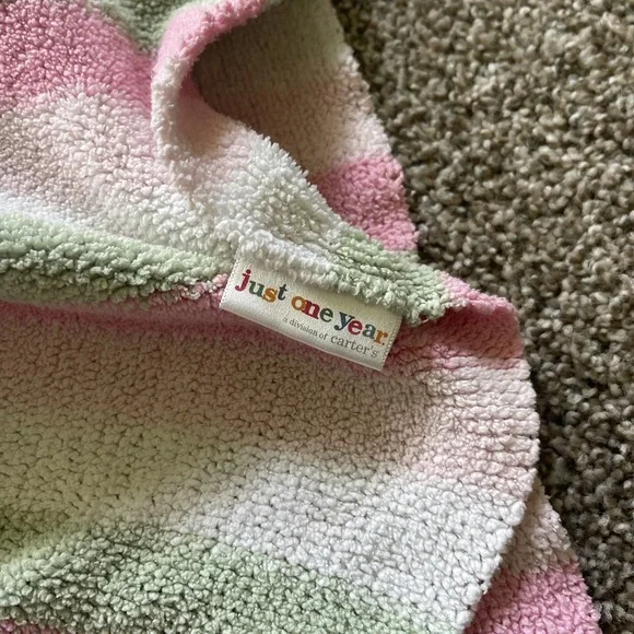 Just One Year Carters Pink Green White Stripes Chenille Knit Baby Blanket Lovey